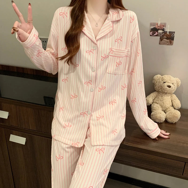 STORESDE Pink Bow Tie Design Pajamas for Women Long Sleeve Top & Elastic Waist Pants Pajamas Set Harajuku Style Casual New Home Wear