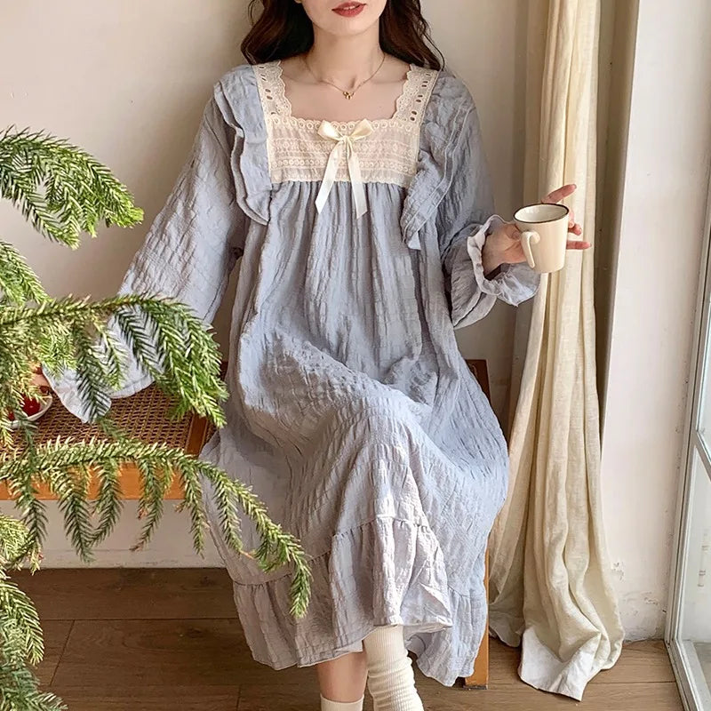 STORESDE Long-Sleeved Harajuku Style Nightgown Women's Pajamas Lace Sweet Cute Nightdress Spring Summer 2026 New Square Collar Home Wear