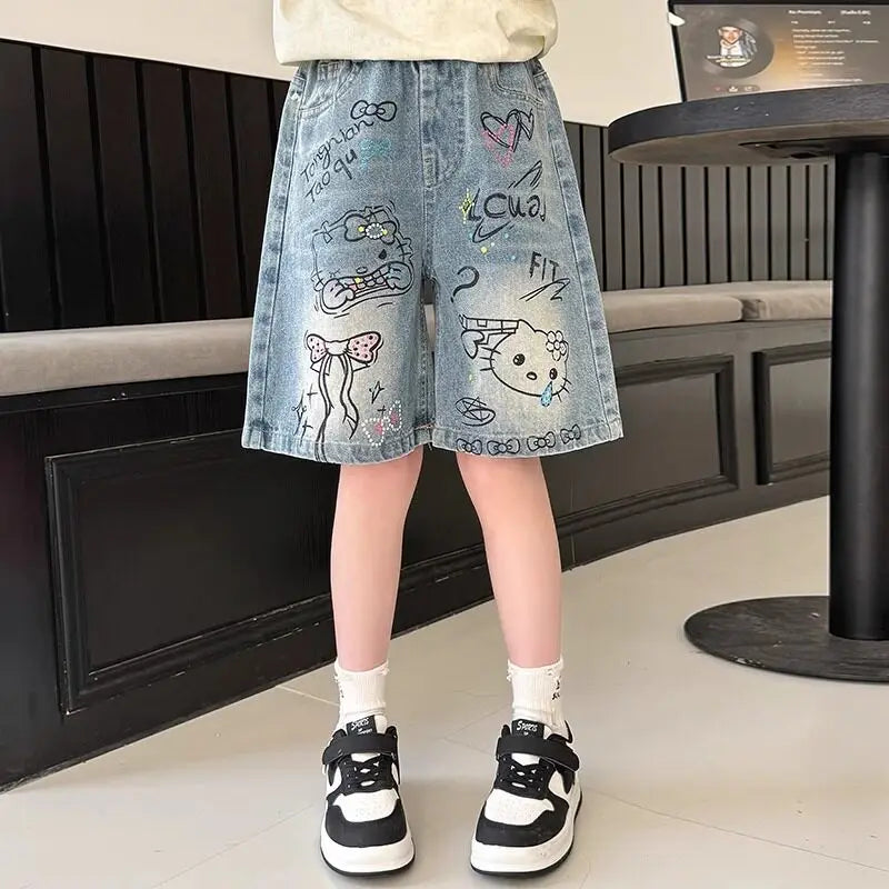 STORESDE New Summer Girls Denim Shorts Cartoon Hello Kitty Fashion Loose Knee Length Jeans Pants For 4-14 Years Teen Kids Casual Trousers