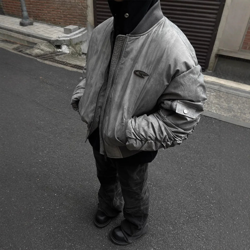 STORESDE Winter Vintage Distressed Style Wrinkle Design Baseball Jacket Cotton American Hip Hop Coat Warm Parka