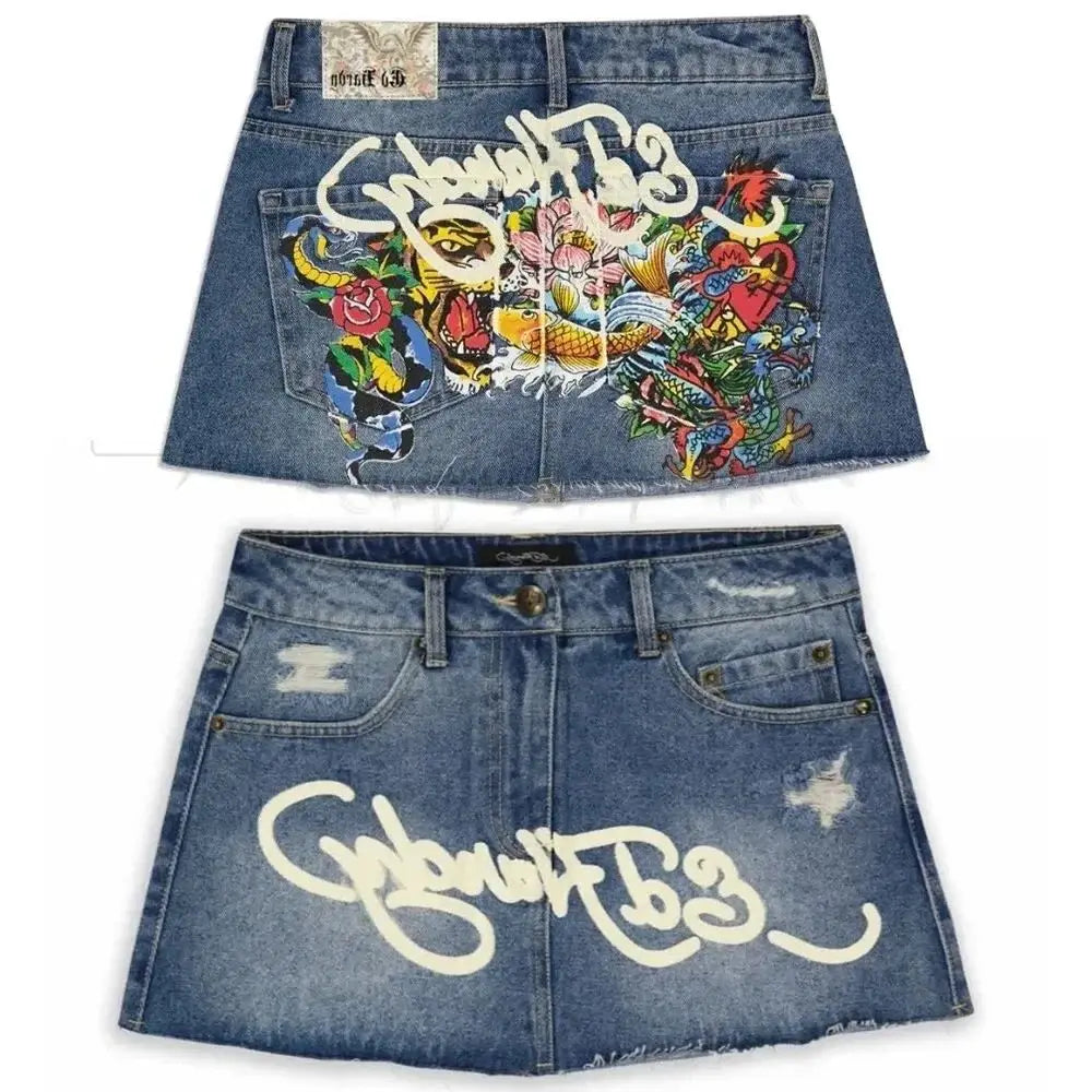 STORESDE Y2K Street Vintage is a fashionable short skirt Harajuku gothic hip hop letter print vintage blue denim skirt