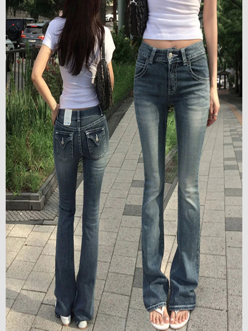 STORESDE Gothic Buddha Head Womens Jeans Y2K Clothes Hip Hop Pocket Embroidery Vintage Blue Baggy Jeans Low Waist Wide Leg Trousers