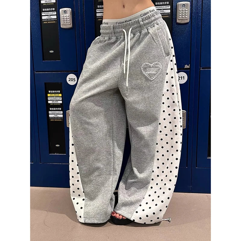 STORESDE YIBASHU Women Gray Baggy Wide Leg Sweatpants Oversize Dot Splice Pants Harajuku Japanese 2000s Style Vintage Y2k Dance Trouser