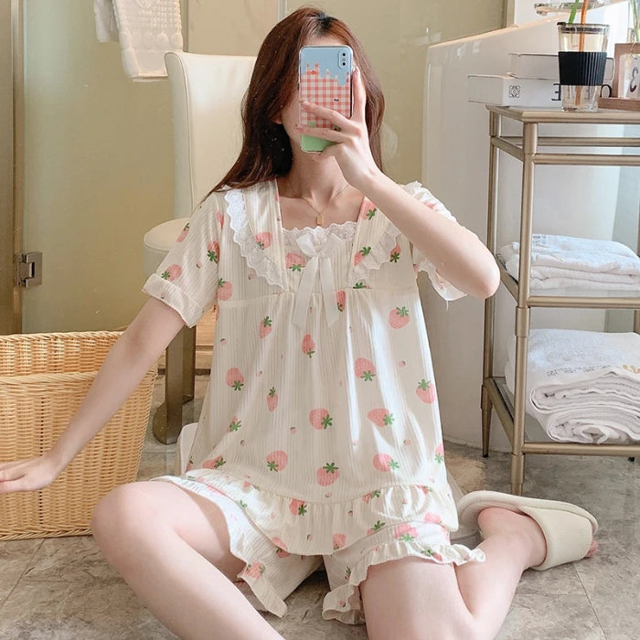 STORESDE Charming Strawberry Print Loungewear Set Soft Fabric with Bow Detail Puff Sleeve Square Neck Top Elastic Shorts for Women Summer