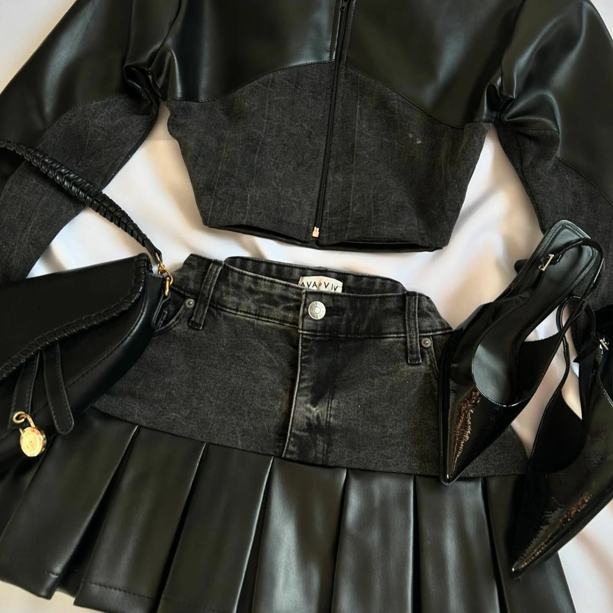 STORESDE Y2K Leather Spliced Denim Black Two Piece Set Women Harajuku Gothic Long Sleeve Zipper Jacket Mini Pleated Skirt Autumn Jacket