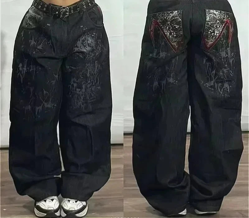 STORESDE 2025 New American Trend Retro Hip-hop Embroidery Pattern Baggy Jeans For Men And Women Y2K Harajuku Gothic Wide Pants Streetwear