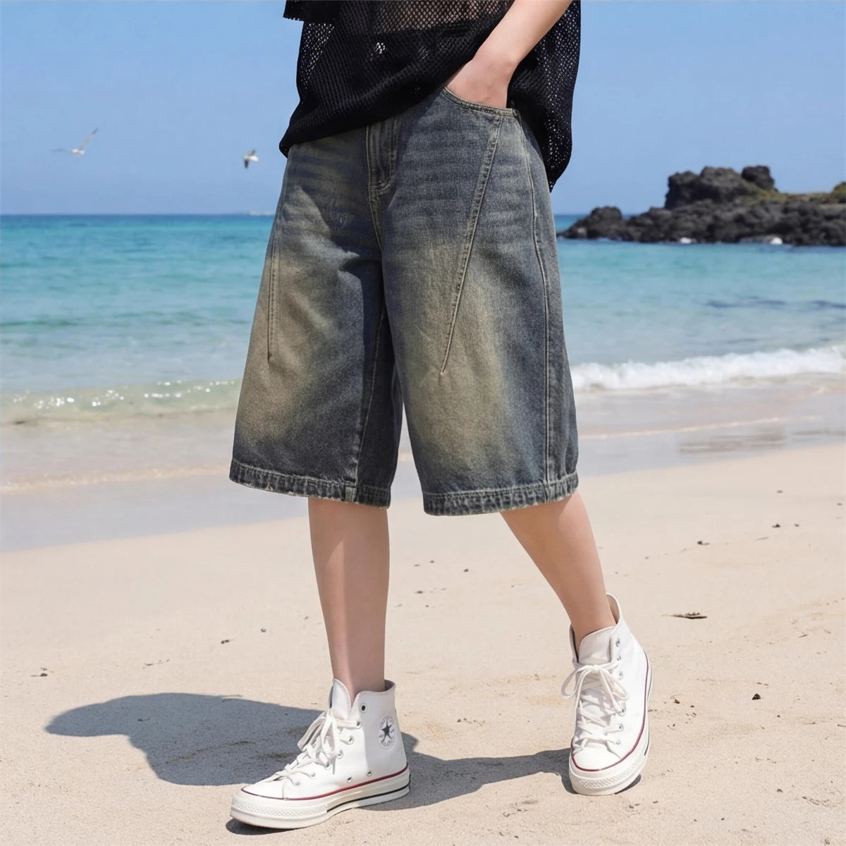 STORESDE High Street Vintage Gradient Denim Shorts Loose Wide Leg Summer Casual Fashionable Versatile Must Have Shorts for Trendsetters