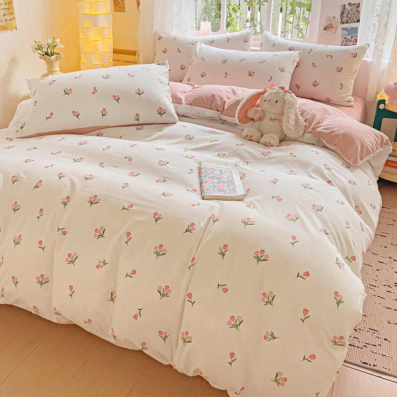 STORESDE American Pastoral Floral Printed Bedding Set Soft Skin-Friendly Double King Size Duvet Cover Set with Flat Sheet and Pillowcases