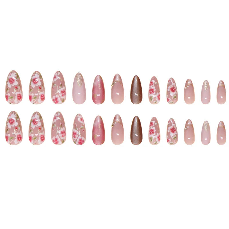 STORESDE 24Pcs Peach Blossom Press on Nails Cat's Eye Nude Glitter False Nail for Women&Girl Spring and Summer Detachable Wearable Nail