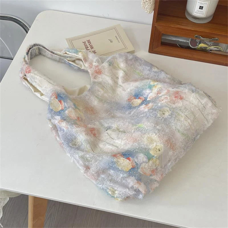STORESDE Cute Large Capacity Lace Art Ink Painting Tote Canvas Bag Travel Portable Sundry Storage Bag Girls Sweet Shoulder Bag Gift