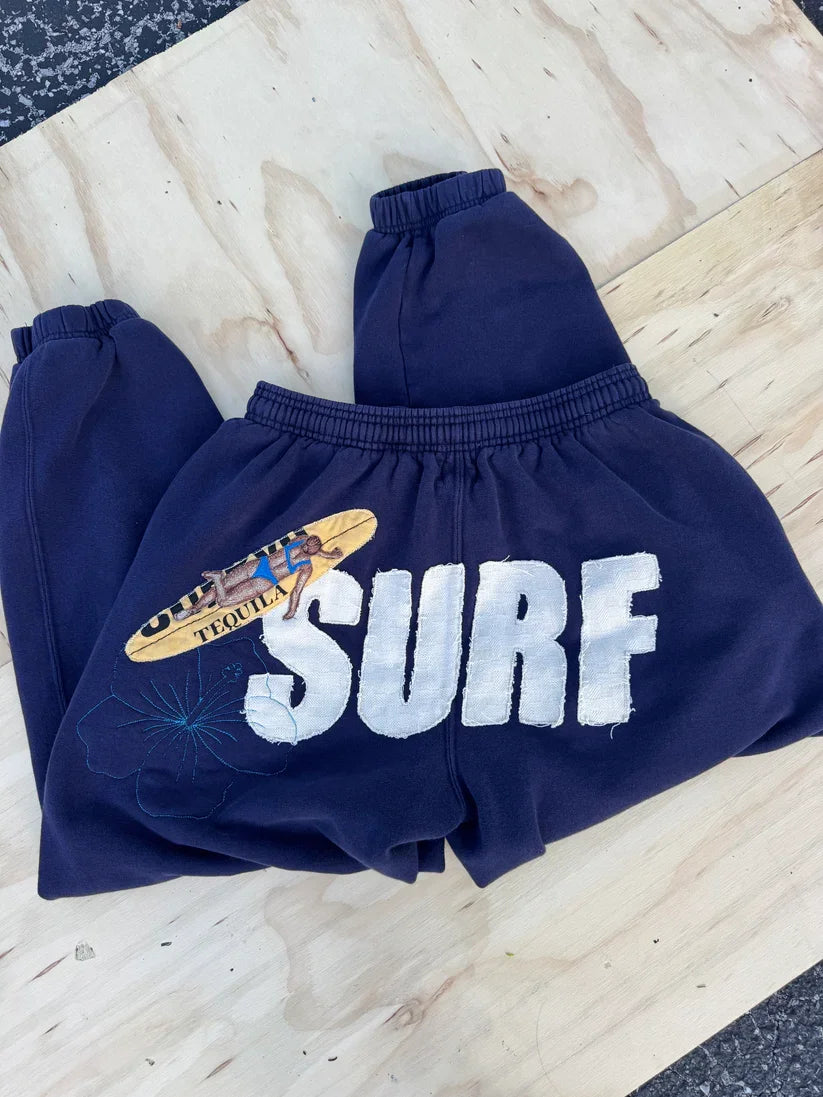 STORESDE Vintage Navy Blue Surf Patch Sweatpants Women Distressed Frayed Letter Patchwork Casual Loose Fit Hip-hop Comfy Cotton pants Men