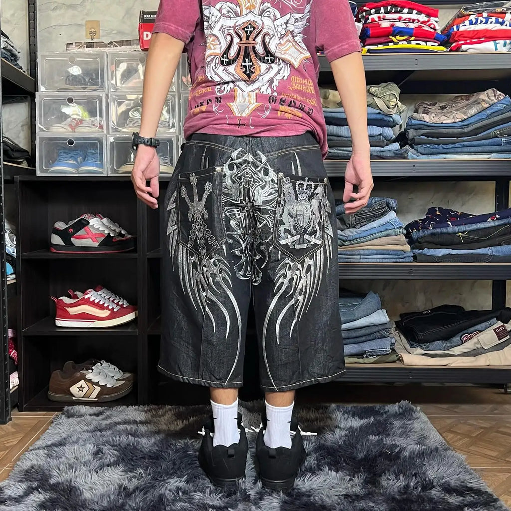 STORESDE Baggy Y2K New Trend Harajuku Hip-Hop Rock Joker Street Mens Sports Pants Gothic Retro Embroidery Loose American Denim Shorts