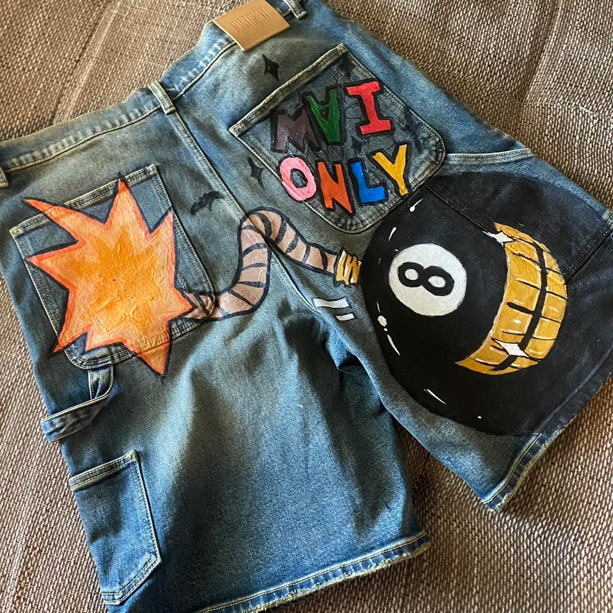 STORESDE Baggy Custom Paint Jorts Washe Number 8 Ball Denim Shorts Men Goth Y2k Harajuku Casual Sweatpants Wide Leg Short Streetwear