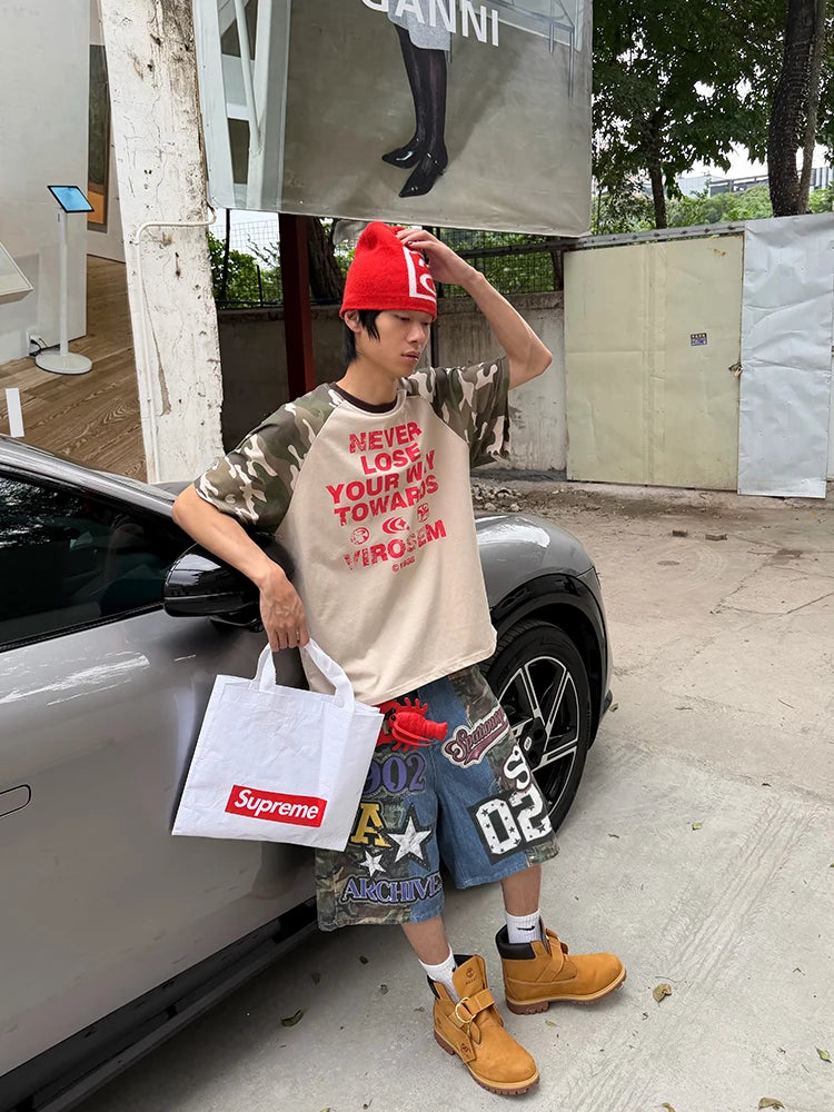 STORESDE Vintage Street Camouflage Print Five-Point Short Jeans Loose Wide Leg Shorts Unisex Summer American Hip Hop Fashion Men Clothing