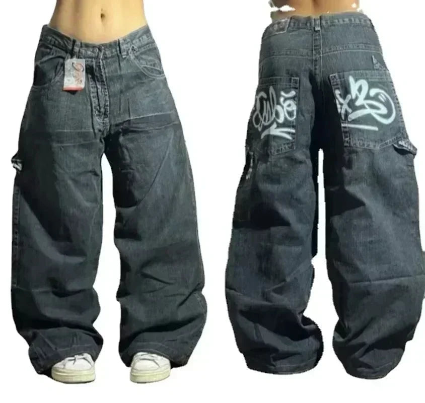 STORESDE American Street Trend Letter Embroidered Loose Jeans Men Harajuku Y2K New Hip Hop Oversized Wide-leg Pants Unisex Mopping Jeans