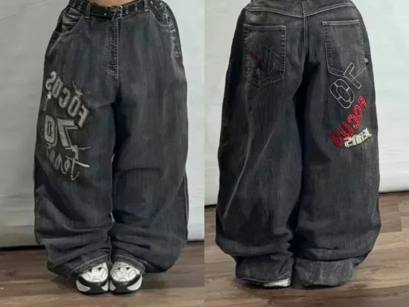 STORESDE 2025 New American Trend Retro Hip-hop Embroidery Pattern Baggy Jeans For Men And Women Y2K Harajuku Gothic Wide Pants Streetwear