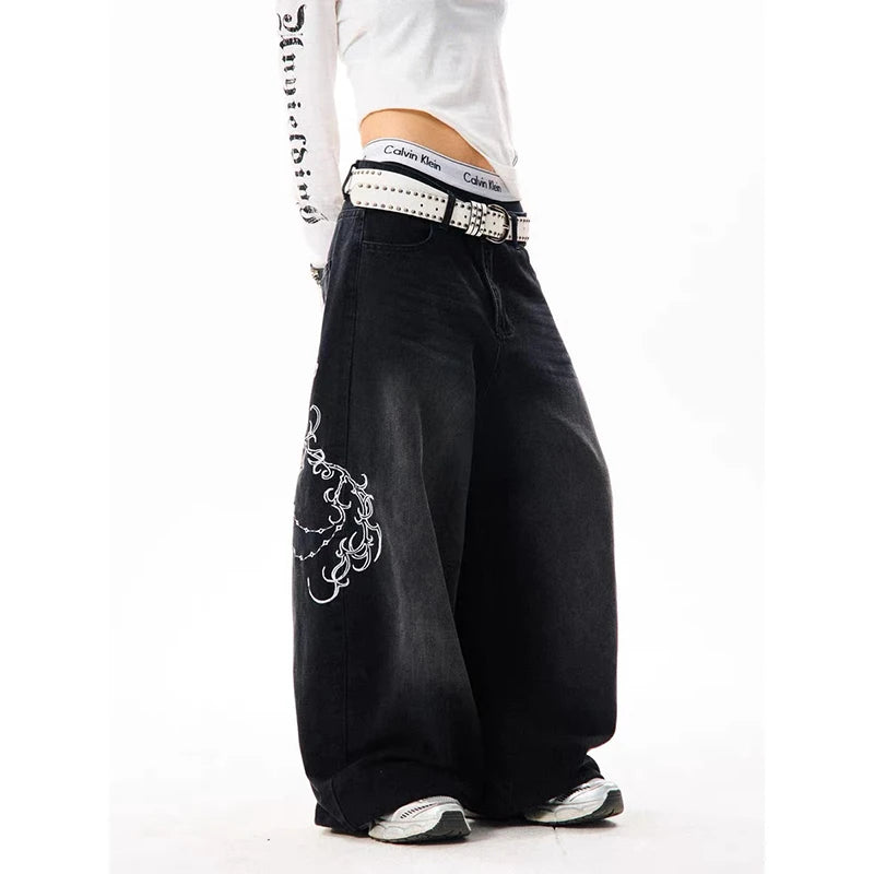 STORESDE YIBASHU Women Vintage Embroidery Y2K Baggy Jeans Female High Waist 2000s Wide Leg Denim Pants American Retro Harajuku Trouser