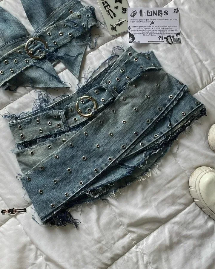 STORESDE Y2K Black Leather Spliced Denim Two Piece Set Women Harajuku Zipper Long Sleeved Jacket New Sexy Pleated Skirt Motorcycle Suit