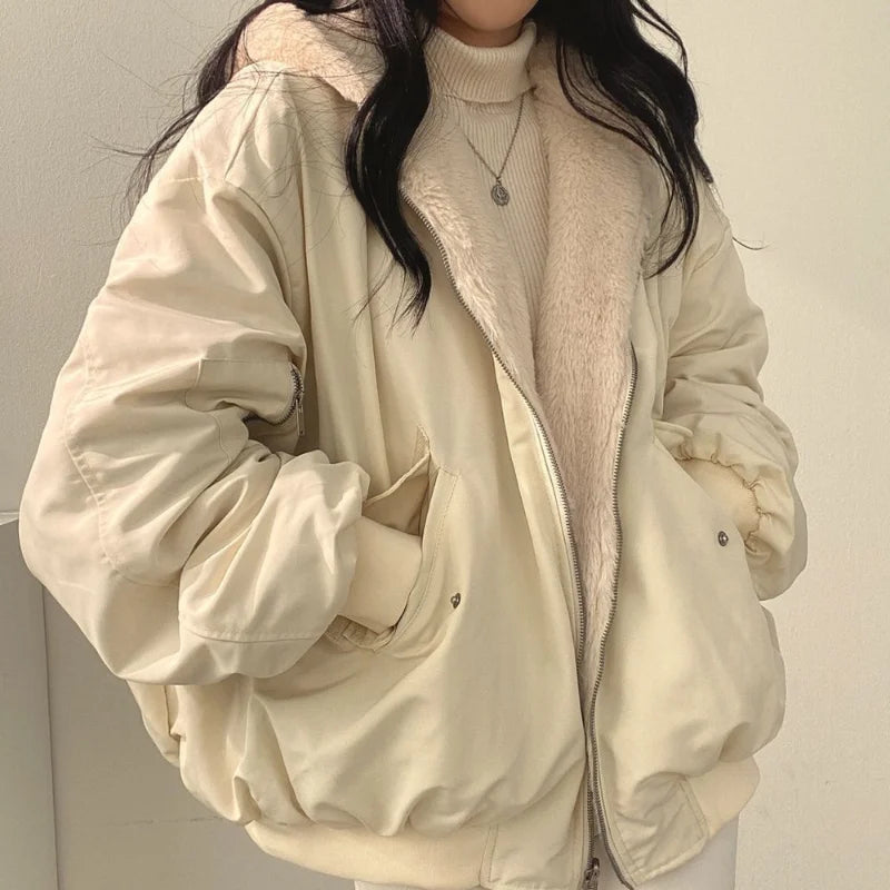 STORESDE Korean Casual Women Cashmere Padded Double-Sided Lamb Wool Cotton-Padded Jacket Y2K New Zipper Hooded Cotton-Padded Jackets Coat