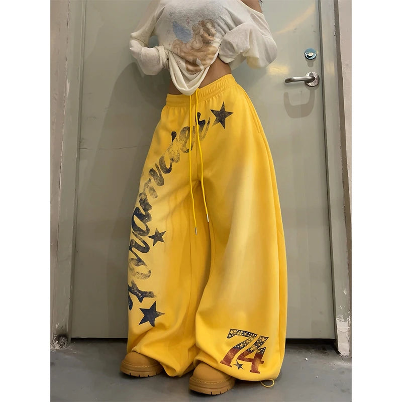 STORESDE 2026 American Style Vintage Gradient Letter Print Casual Wide Leg Pants Loose Fit Hip Hop Jazz Dance Women Fashionable Trousers