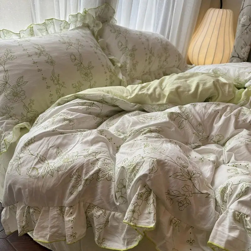 STORESDE Korean Princess Duvet Cover Set Skin Friendly Wash Cotton Bedding Set Of Four Pieces Lace Bedin Set Bed Sheets Comforter Cover