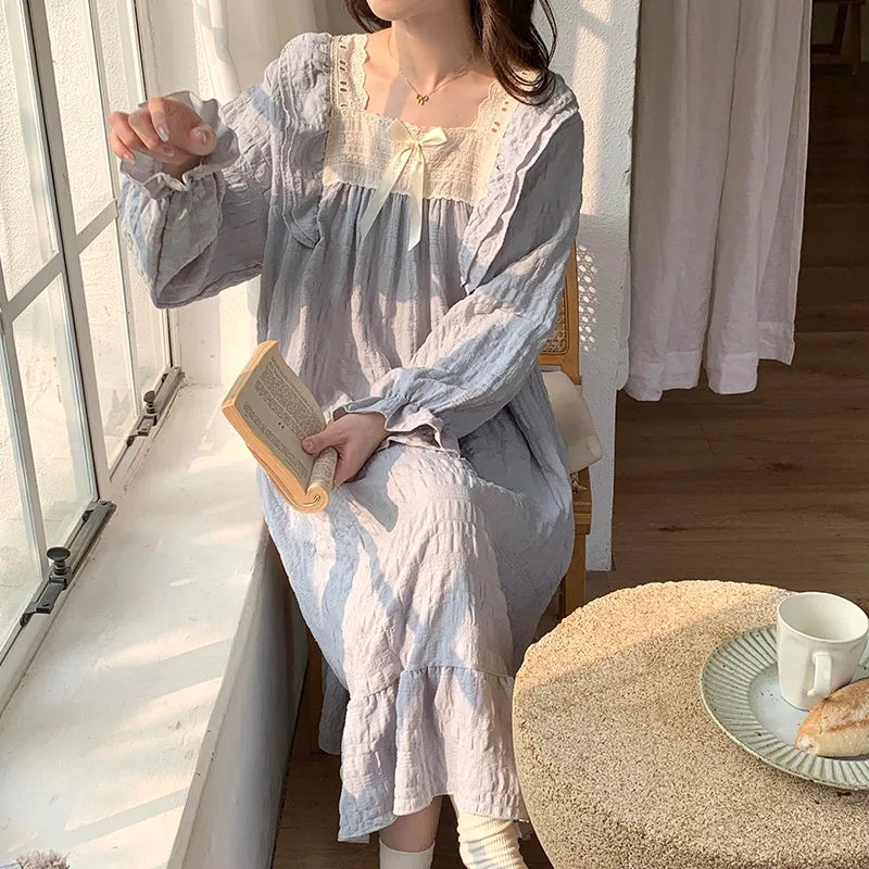 STORESDE Long-Sleeved Harajuku Style Nightgown Women's Pajamas Lace Sweet Cute Nightdress Spring Summer 2026 New Square Collar Home Wear