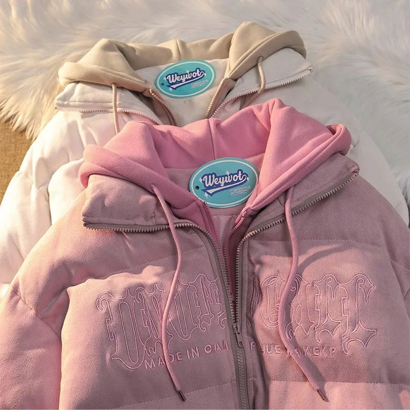 STORESDE American New Niche Ins Fake Two-piece Hooded Bread Coat Y2K Street Fashion Loose Retro Couple Coat Tide Men And Women Streetwear
