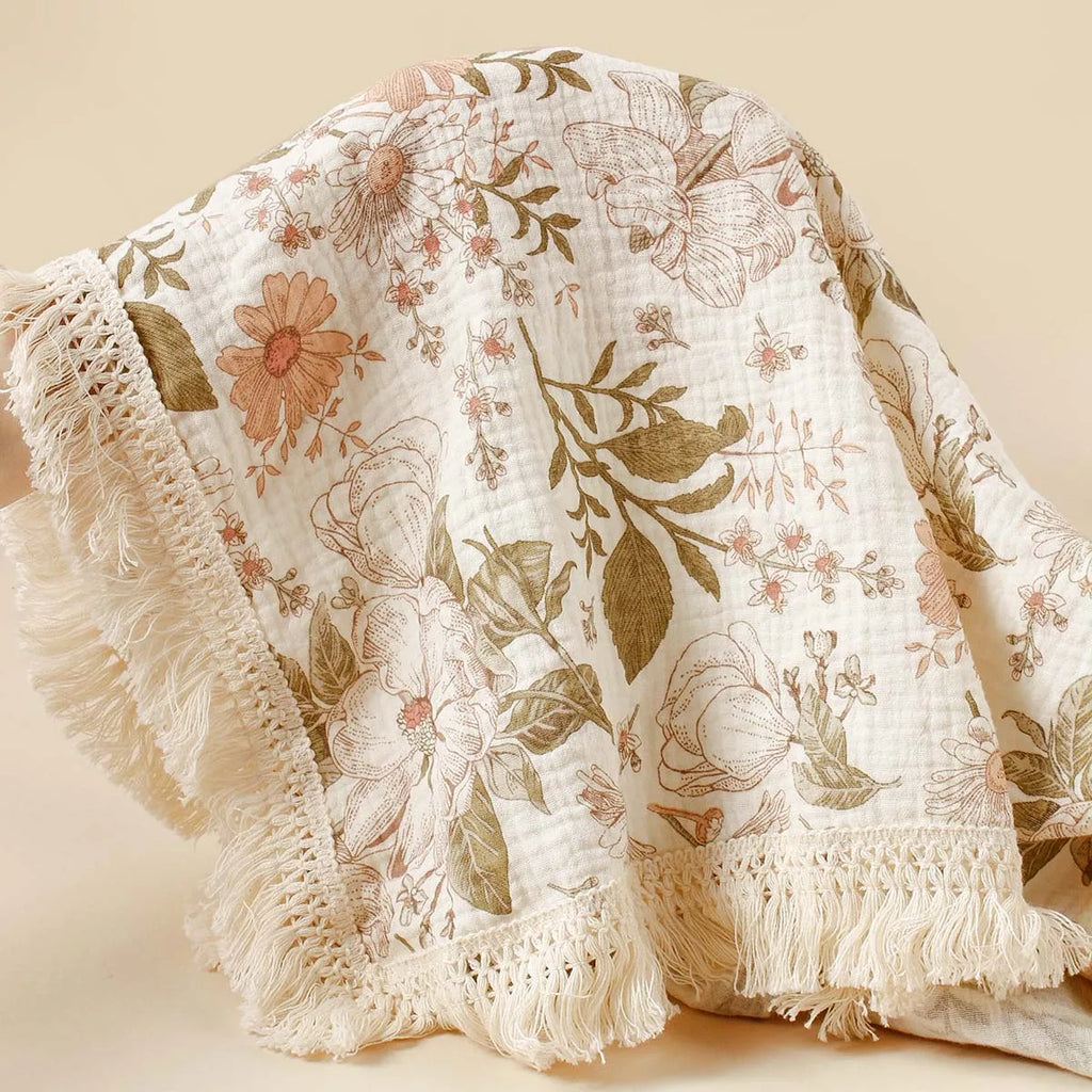 STORESDE Cotton Breathable Flowers Print Baby Tassels Swaddle Blanket Summer Air Condition Cover Blanket For Kids Stoller Cover Blanket