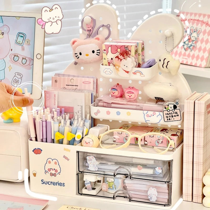 STORESDE Desktop Hole Board Storage Box Desk Organizer Girls Cute Pen Holder Storage Stationary Rack Korean Kawaii Bunny Cosmetic Shelf