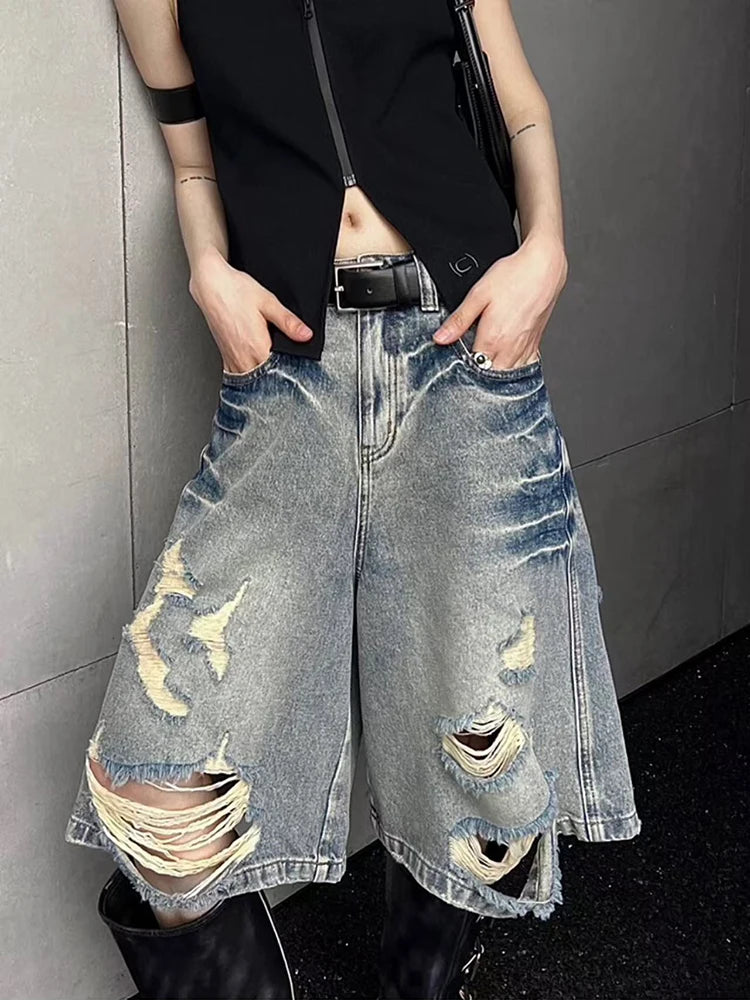 STORESDE Y2K Hole Jeans Shorts Women American Loose Streetwear Hot Girls Wide Leg Shorts Summer High Waist Retro Wash Denim Shorts