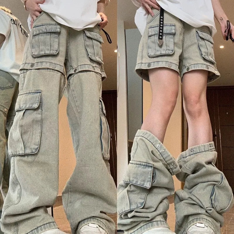 STORESDE American New Detachable Design Sense Tooling Jeans Female Y2K Fashion Gothic Retro High Street Straight Small Vibe Waisted Pants