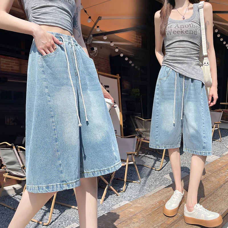 STORESDE Summer Boyfriend Plus Size Jeans Shorts Woman Casual Loose Wide Leg Bermudas Baggy Denim Shorts Women Lace Up Half Short Pants