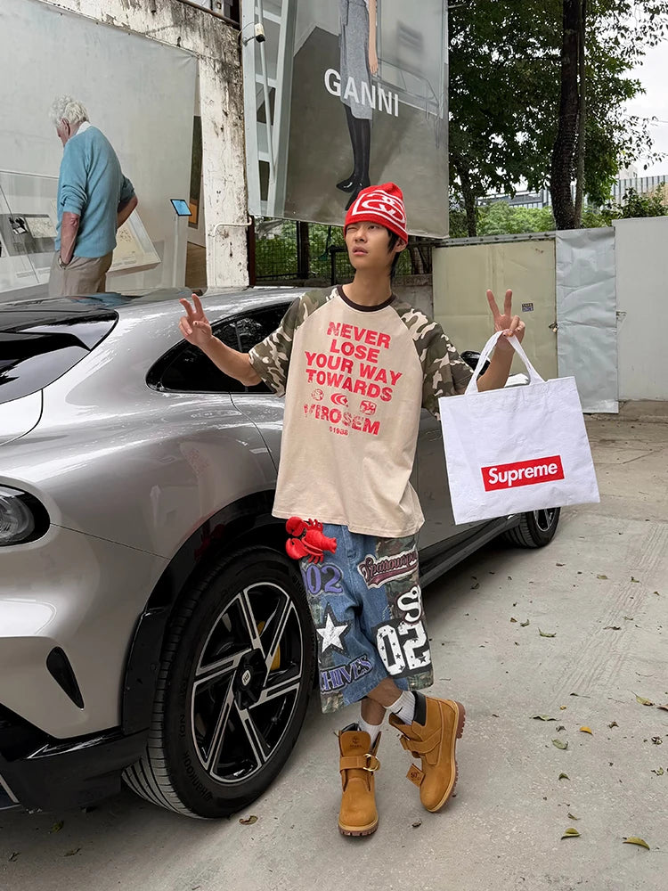 STORESDE Vintage Street Camouflage Print Five-Point Short Jeans Loose Wide Leg Shorts Unisex Summer American Hip Hop Fashion Men Clothing
