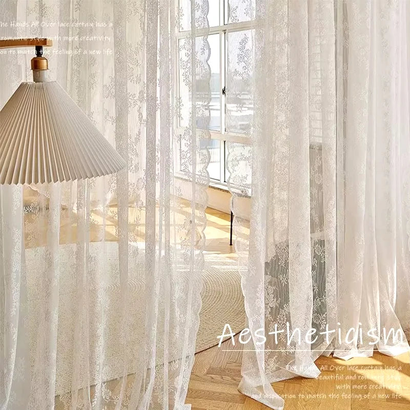 STORESDE French Lace Tulle Curtain White Tulle Lace Curtains Blind Living Room Bedroom Breathable Screen Curtain Wedding Decor Curtains