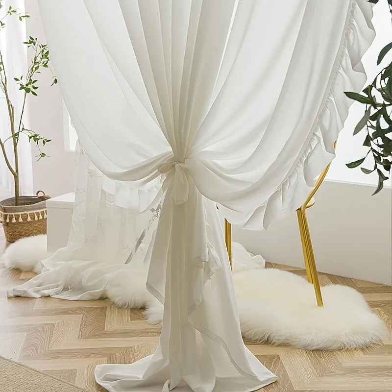 STORESDE White Vintage Ruffle Tulle Curtains For Girls Bedroom Romantic Bay Window Drapes Living Room Soft Chiffon Thicker Sheer