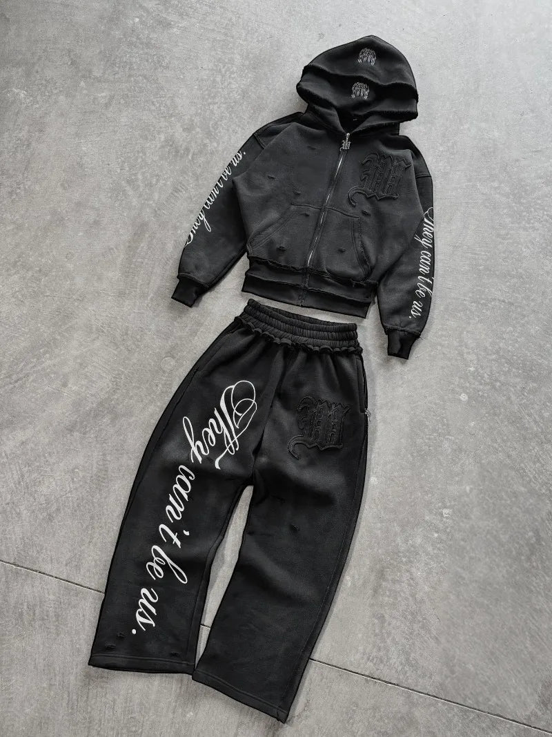 STORESDE Y2K Harajuku Punk Gothic Loose Hooded Sweatshirt American Embroidered Patch Casual Double Hooded High Street Retro Sports Sui