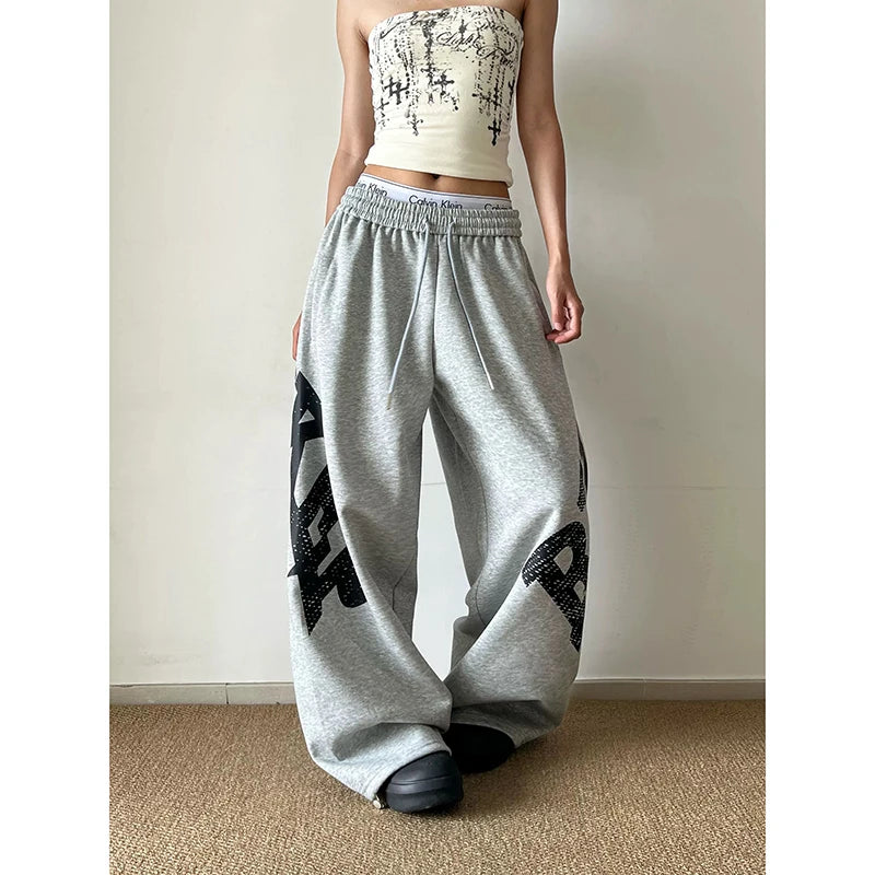 STORESDE YIBASHU Women Grey Baggy Wide Leg Sweatpants American Letter Print Pants Harajuku Japanese 2000s Style Vintage Y2k Casual Trouse