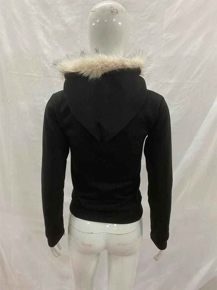 STORESDE Vintage American Retro White Letter Hoodie Women Winter Faux Fur Lined Zip Up Sweatshirt Cozy Pullover Streetwear 2026 new