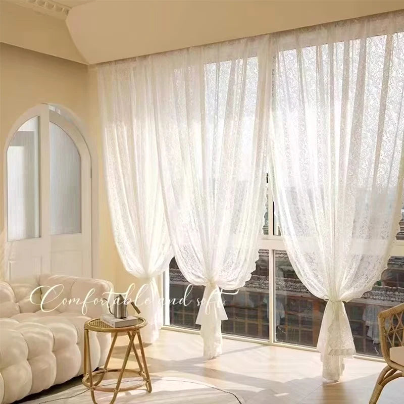 STORESDE French Lace Tulle Curtain White Tulle Lace Curtains Blind Living Room Bedroom Breathable Screen Curtain Wedding Decor Curtains