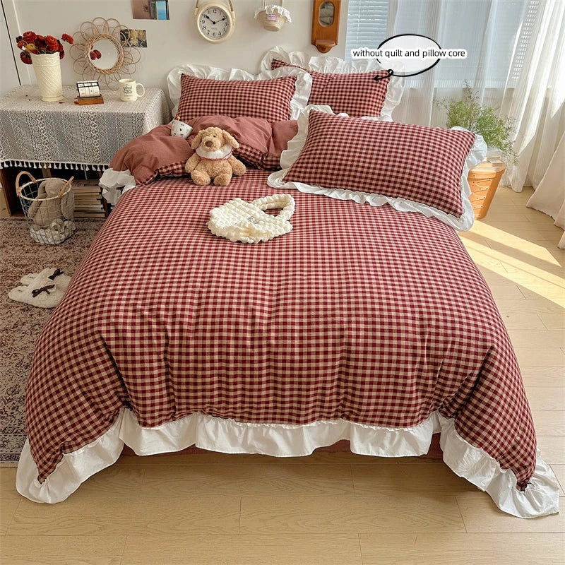 STORESDE 3pcs red,black plaid Duvet Cover Set (1*Duvet Cover + 2*Pillowcase, Without Core), Lace embroidery Bedding Set