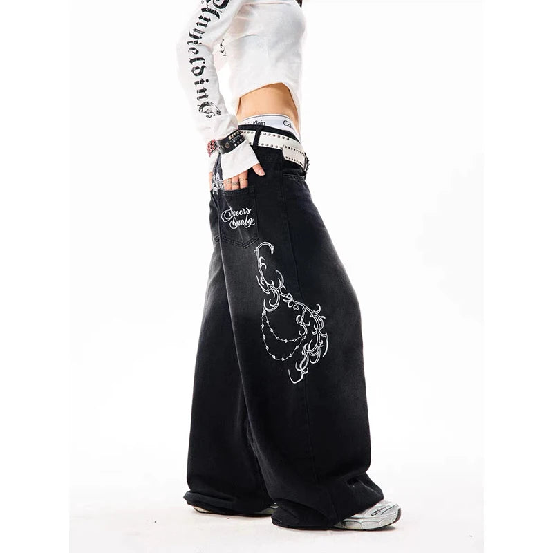 STORESDE YIBASHU Women Vintage Embroidery Y2K Baggy Jeans Female High Waist 2000s Wide Leg Denim Pants American Retro Harajuku Trouser