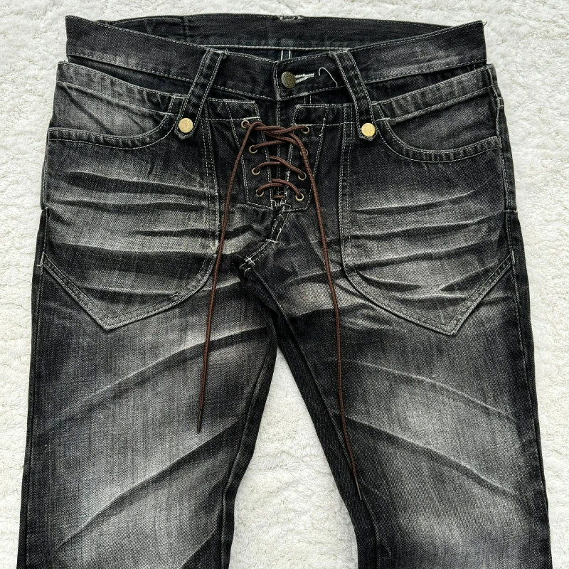 STORESDE Y2k Flared Lace Up Jeans Retro Washed Paw Prints Double Waist Men's Slim Fit Jeans Gothic High Street Wear Unisex Bootcut Jeans