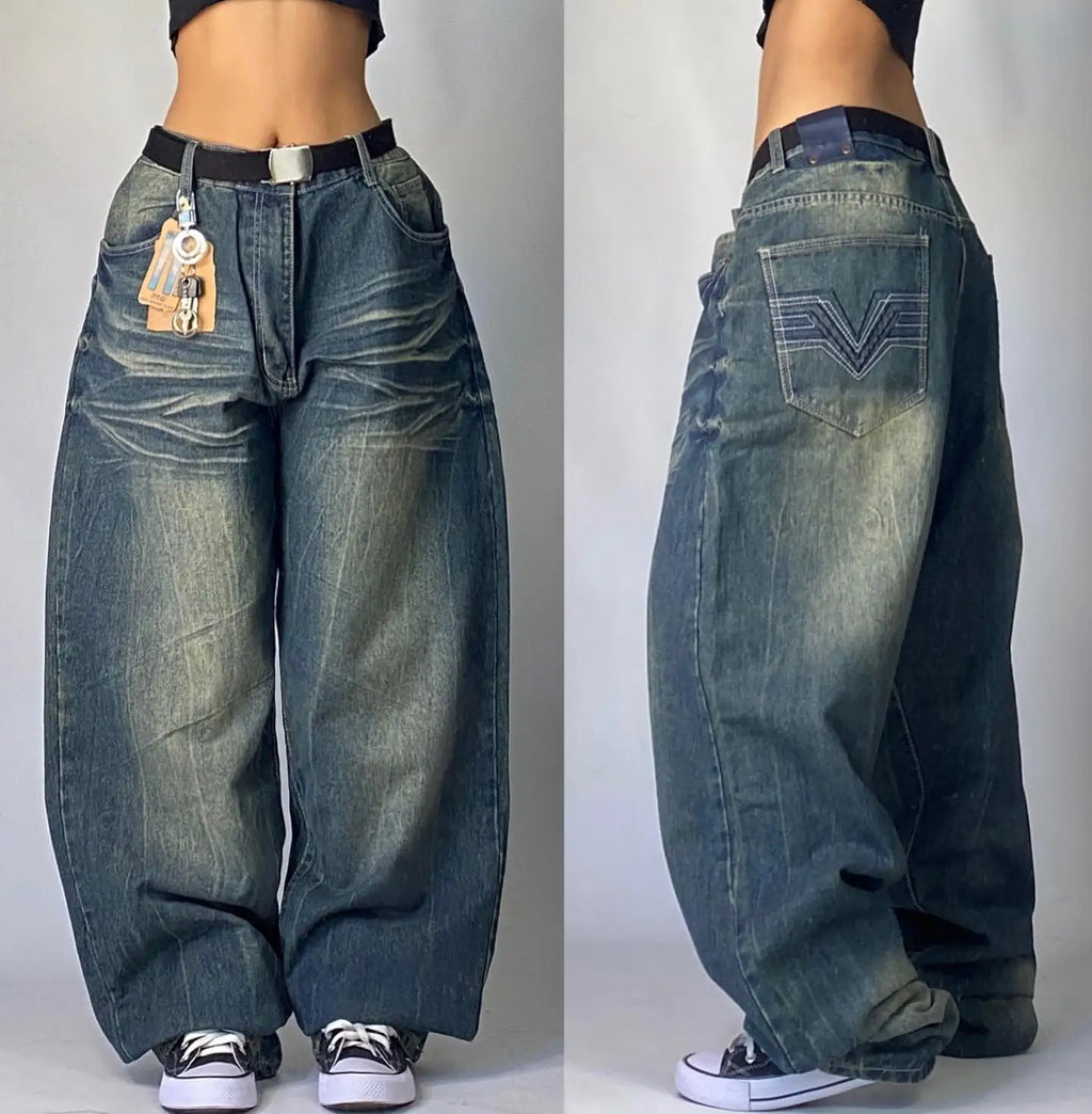 STORESDE American New Fashion Letter Embroidery Stitching Old Baggy Jeans Women Y2K Harajuku  Popular High Waist Wide Leg Trousers