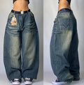 STORESDE American New Fashion Letter Embroidery Stitching Old Baggy Jeans Women Y2K Harajuku  Popular High Waist Wide Leg Trousers