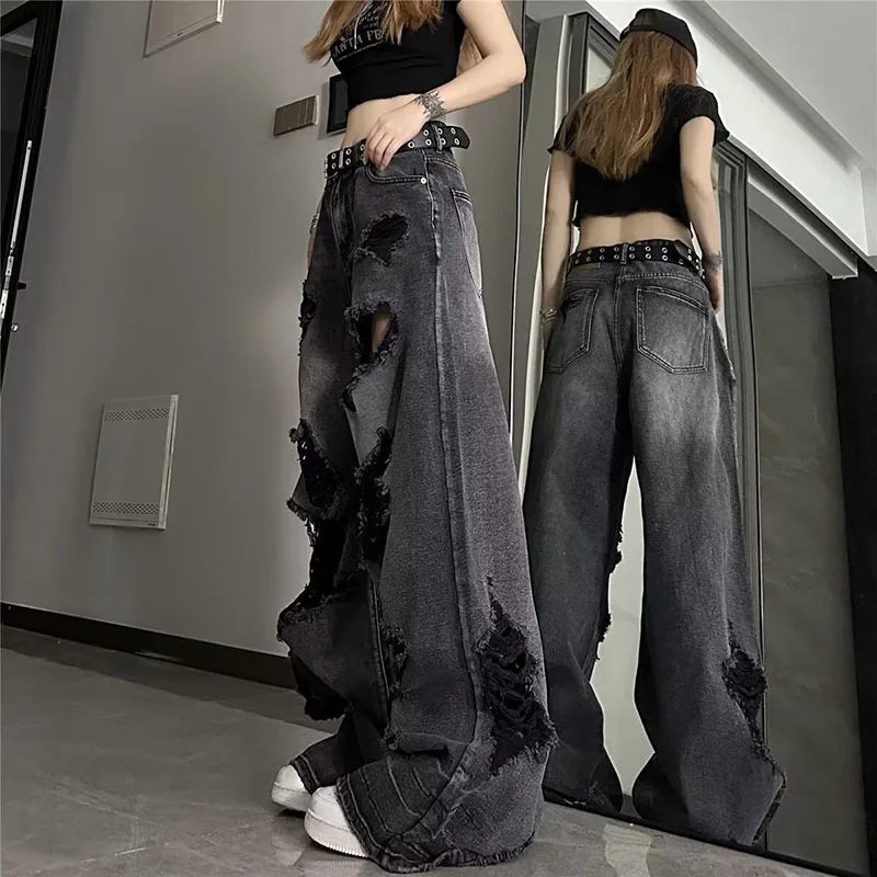 STORESDE High Street Vintage Black Ripped Jeans Fashion Wide Leg Pants Women'S High Waisted Straight Leg Pants Baggy Pants Y2k Jeans
