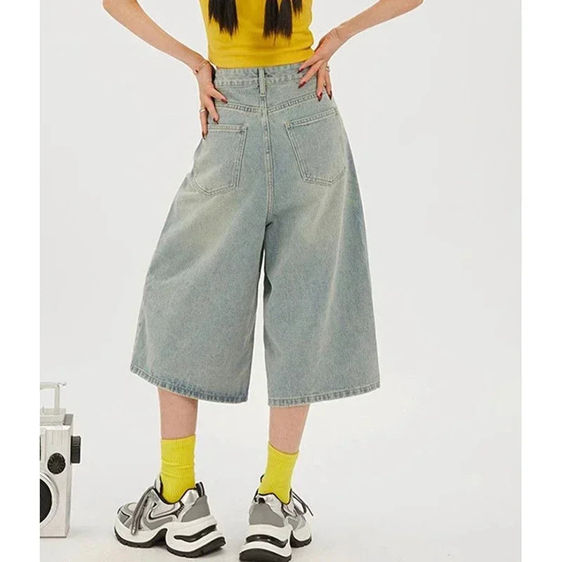 STORESDE 2026 Summer High Street Women Baggy Thin Jeans Female High Waist Capri Pants Girls Solid Color Leisure Denim Shorts