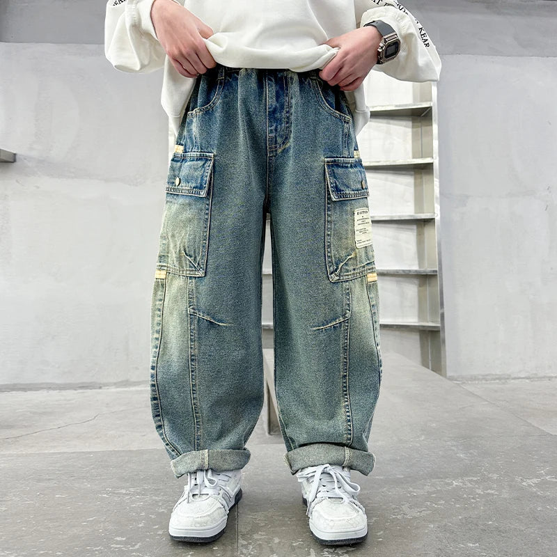 STORESDE New Design Children Relaxed Fit Straight Leg Cargo Jeans for Teenage Boys Loose Denim Pants with Pocket Kids Casual Trousers