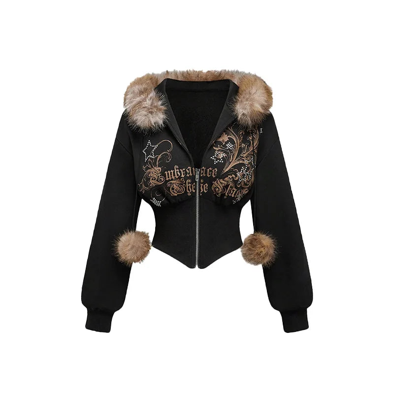STORESDE Winter Warm Gothic Print Hoodie Women's Faux Fur Crop Top Zip-Up Sweatshirt Fashion Y2K Streetwear Hooded Jacket 2026 New