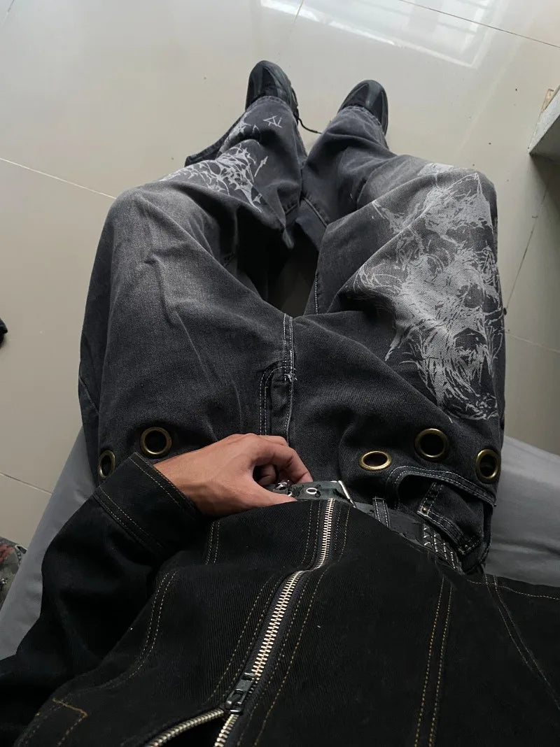 STORESDE American New Fashion Oversized Pattern Printed Washed Jeans Men Y2K Gothic Rock Popular Casual Joker High Waist Wide Leg Pants