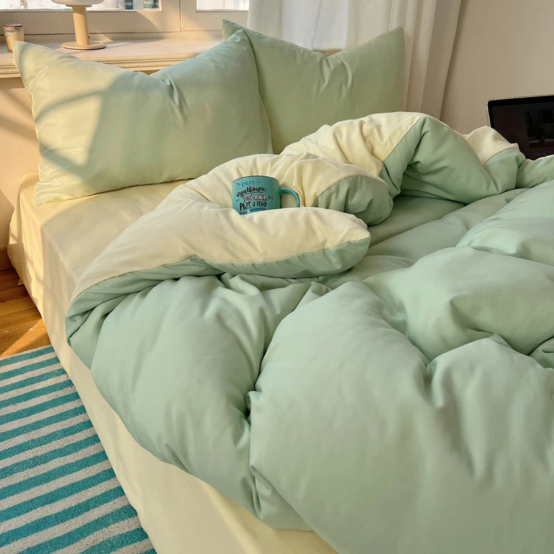 STORESDE Cotton Bedding Set 4pcs with Solid Bed Sheet Duvet Cover Pillowcases Single Couple Bedsheet King Queen Double Twin Size